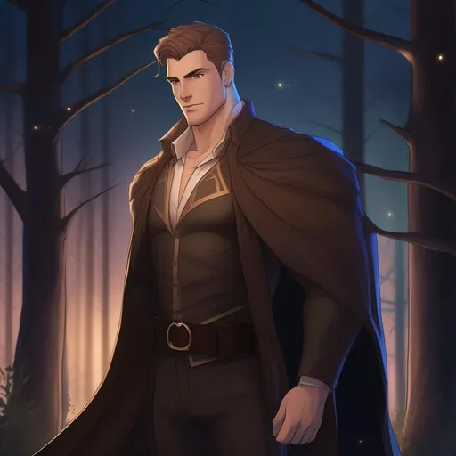 Prompt: waist up immage, highest quality anime art masterpiece, digital drawing, tall muscular bulky caucasian male sorcerer casting magic,  wearing mantle, with freckles very short brown slicked back pompadour undercut hair with shaved sides:vistani, melancholic, in a forest on a dark foggy night, big sad slant brown eyes, pale milky skin:2, waxing moon, round shaven face, broad cheeks, ethereal, trimmed face, highres, realistic, highly detailed, fantasy, european, irish, D&D, Ravenloft, by Ilya Kuvshinov