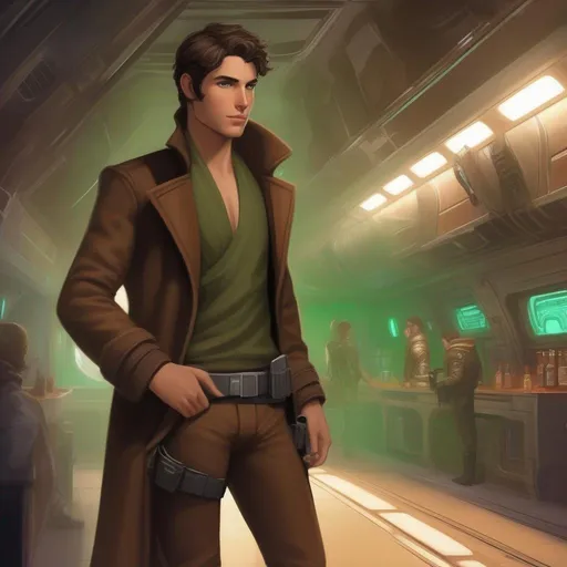 Prompt: From distance. Whole body, full figure. A young male smuggler with deep brown hair, very short pixie undercut. he wears a brown pilot coat and has a holster on his right leg. huge long hoocked aquiline grecian nose, green eyes. In background a noisy scifi cantina. soft feminine body features. Smooth skin, detailed, well drawn face. Rpg art. 2d art. 2d.