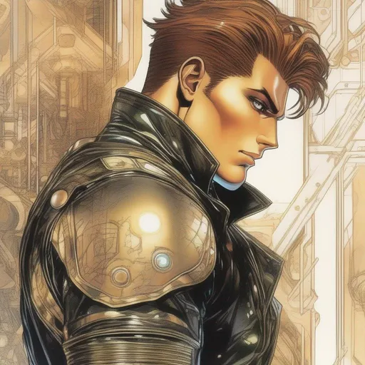 Prompt: A masculine scifi european cyborg soldier. very short bright brown slicked back pompadour undercut hair with shawed sides and light chestnut highlights, round face, broad cheeks, glowing eyes, scarred face, wearing a black retro futuristic leather jackett with armour underneath, Ghost in the shell art. Masamune Shirow art. anime art. Leiji Matsumoto art. Akira art. Otomo art. 2d. 2d art.