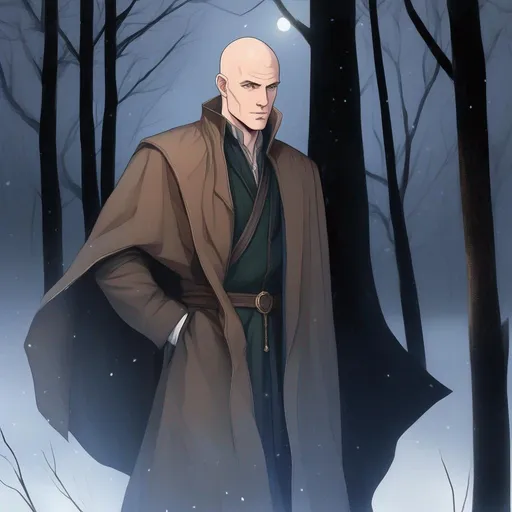 Prompt: highest quality anime art masterpiece, digital drawing, caucasian bald male sorcerer wearing mantle, with freckles and balding hairless scalp:vistani, melancholic, in a forest on a dark foggy night, big sad slant brown eyes, pale milky skin:2, waxing moon, round shaven face, broad cheeks, ethereal, trimmed face, highres, realistic, highly detailed, fantasy, european, irish, D&D, Ravenloft, by Ilya Kuvshinov