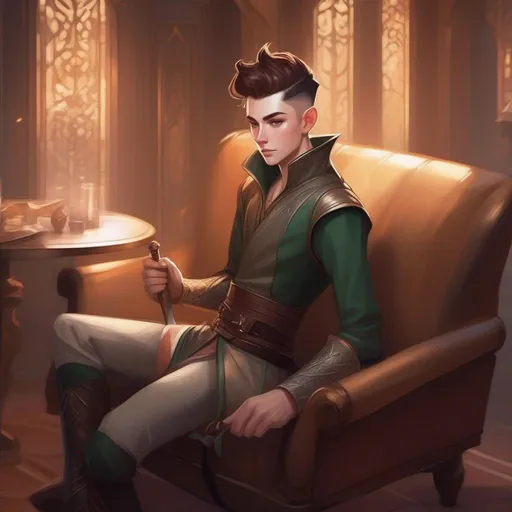 Prompt: A young elf mage with very short 
 extremely deep dark brown slicked back pompadour undercut with ginger highlights and shaved sides, very pale milky skin. He swings a magic staf, has a sword on the left side and sits on a couch. soft feminine body features. Smooth skin, detailed, well drawn face. Rpg art. 2d art. 2d.