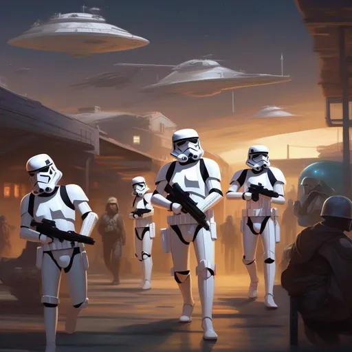 Prompt: a squad of star wars stormtroopers arresting a caucasian male starship captain. In background a scifi slum. Star wars art. rpg. rpg art. 2d art. 2d.