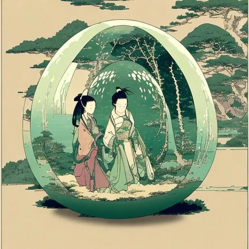 Prompt: light aged green paper::3 tarot card::2 petite female inside of a huge glas transparent egg::3 next to pond::3 by Hokusai and James Gurney, trending on artstation::3 incredible fading black and green ink illustration::4 —ar 9:21