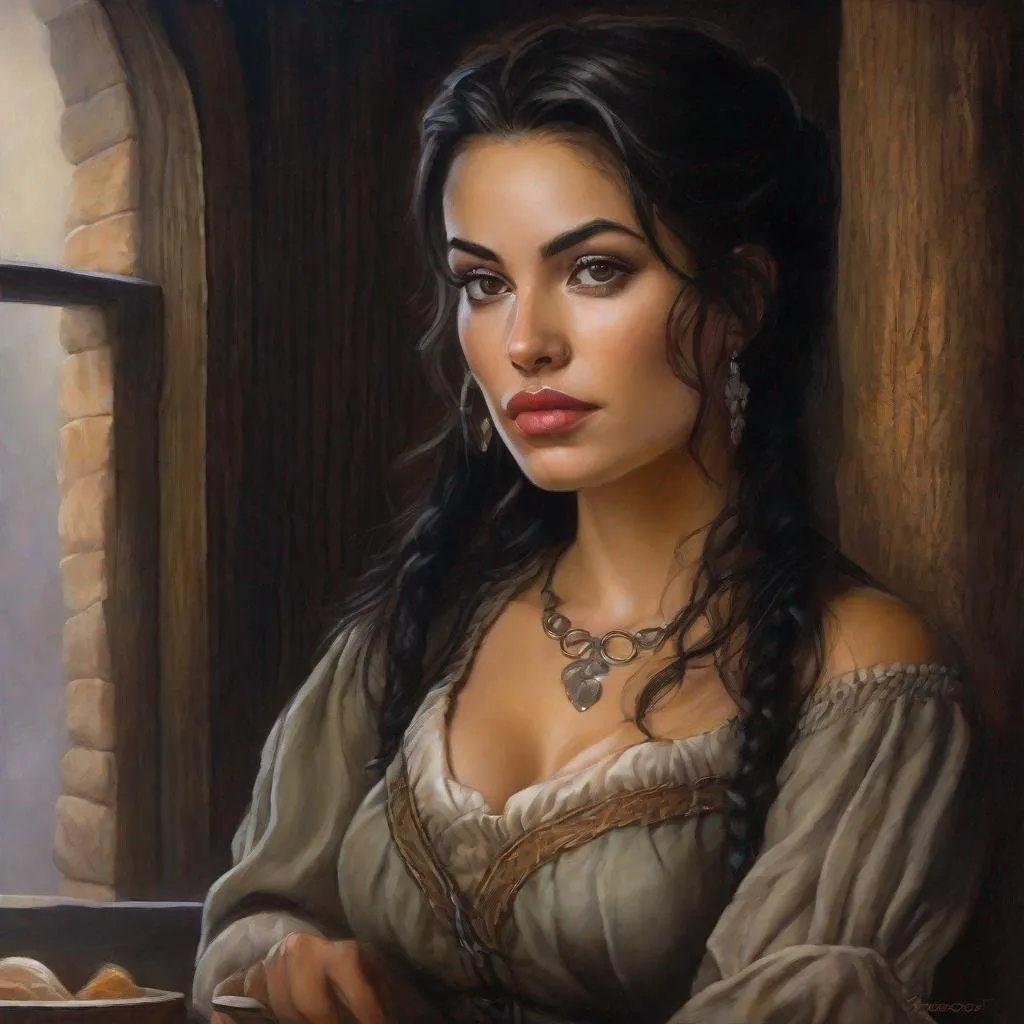 Prompt: oil painting, character portrait, a young mexixan woman with pale skin and buxom body as a fantasy tavern wench, pale and curvy, thick, muted tavern interior background, dark and moody,  half body, highres, detailed, mysterious, eerie, style of Ravenloft, by Todd Lockwood,