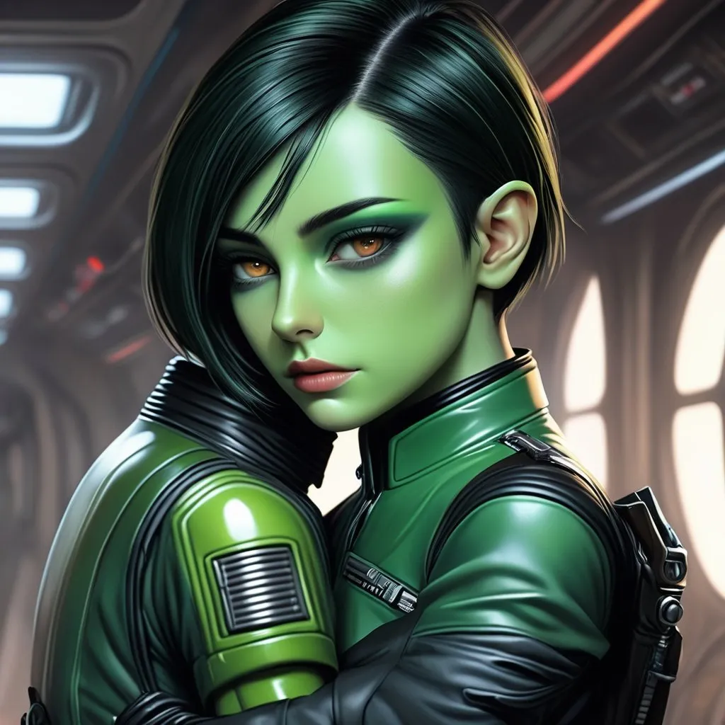 Prompt: A green skinned scifi green female with green skin, she has short black bob hair, well drawn green face, uniform, her skin is green, she has green skin. hugging with a Handsome caucasian male scifi pilot with very short slicked back (brown) pompadour undercut hair, fully dark entirely jet black leather jacket. green eyes, his skin is normal pale. detailed. star wars art. 2d art. 2d