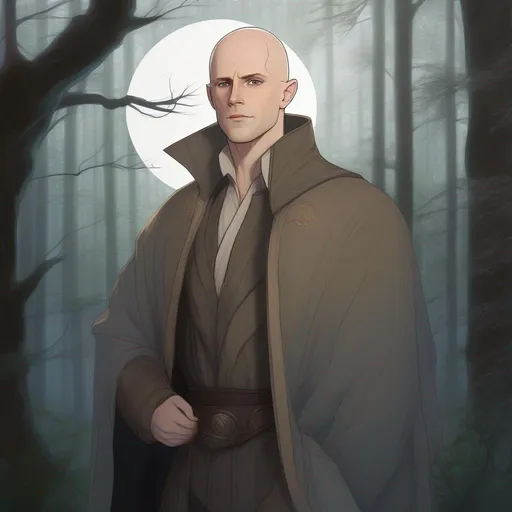 Prompt: highest quality anime art masterpiece, digital drawing, caucasian bald male sorcerer wearing mantle, with freckles and balding hairless scalp:vistani, melancholic, in a forest on a dark foggy night, big sad slant brown eyes, pale milky skin:2, waxing moon, round shaven face, broad cheeks, ethereal, trimmed face, highres, realistic, highly detailed, fantasy, european, irish, D&D, Ravenloft, by Ilya Kuvshinov