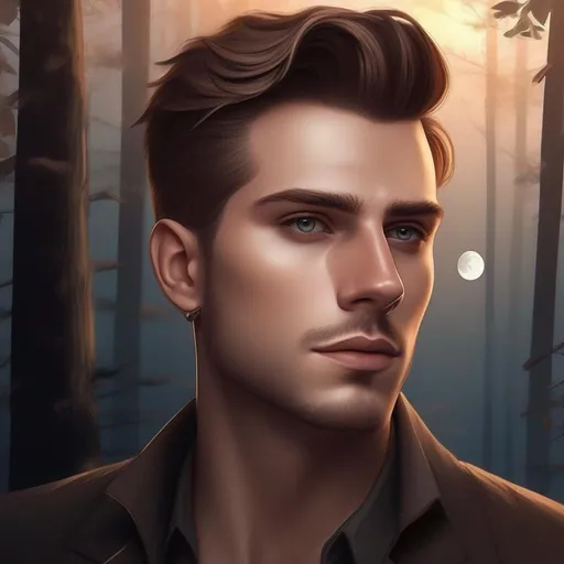 Prompt: highest quality anime art masterpiece, digital drawing, caucasian man with very short brown slicked back pompadour undercut hair:vistani, melancholic, in a forest on a dark foggy night, bid sad slant brown eyes, pale milky skin:2, waxing moon, round face, broad cheeks, ethereal, jewelry set, highres, realistic, highly detailed, fantasy, european, irish, D&D, Ravenloft, by Ilya Kuvshinov