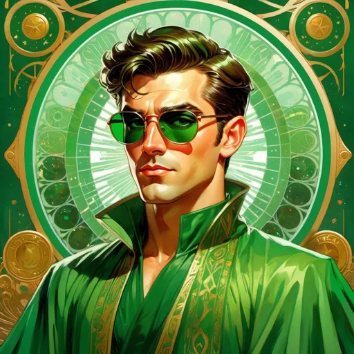 Prompt: retro futuristic soviet silk screen pulp fiction fantasy comic book cover, a dark chesnut haired male sorcerer very short slicked back pompadour undercut hair, mage, tall and willowy and pretty, soft freckles, big large green eyes, wizard, intricate emerald and green robe, wearing round retro shades with green lenses, old fashioned emerald sunglasses, iron palace gray metal, landscape beautiful pine forest, Carne Griffiths, Michael Garmash, Frank Frazetta, Castle Background, Victo Ngai, Detailed, Vibrant, Sharp Focus, Character Design, Wlop, Kuvshinov, TXAA, 32k, Highly Detailed, Dynamic Pose, Intricate Motifs, Organic Tracery, Perfect Composition, Digital Painting, Artstation, Smooth, Sharp Focus, Illustration, hyperdetailed, greg rutkowski