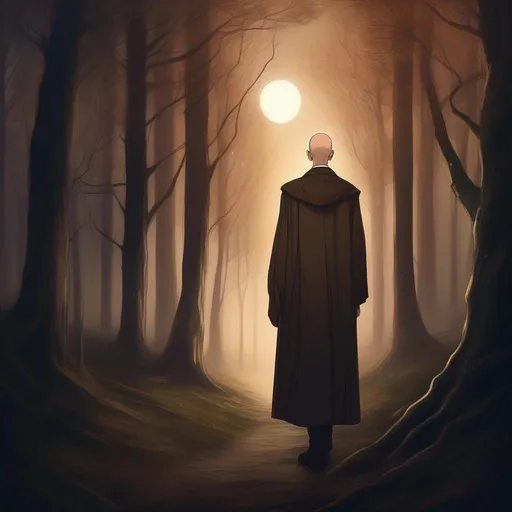Prompt: highest quality anime art masterpiece, digital drawing, slender slim skinny androgynous caucasian bald male sorcerer wearing mantle, with freckles and balding hairless scalp:vistani, melancholic, in a forest on a dark foggy night, big sad slant brown eyes, pale milky skin:2, waxing moon, round shaven face, broad cheeks, ethereal, trimmed face, highres, realistic, highly detailed, fantasy, european, irish, D&D, Ravenloft, by Ilya Kuvshinov