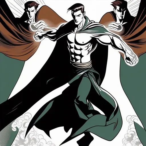 Prompt: Silk screen comic book illustration, of an athletic, adult slender muscular male mage in movement, wearing a dark green wizars robe with a cape, loincloth, white shirt underneath, very short extremely deep dark brown slicked back pompadour undercut with dark ginger highlights and shaved sides, very bright and pale milky skin.  Well drawn face, detailed face,  1960s Soviet retrofuturism, 