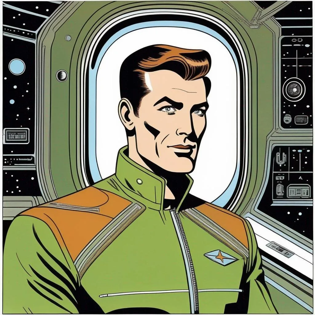 Prompt: Silk screen comic book illustration, of a muscled male with brown pompadour undercut, retro futuristic starship captain, green glowing eyes, smirking, black futuristic leather jackett, on smoky background, docking station, inside of a spaceship,  Well drawn face, detailed face,  1960s Soviet retrofuturism, 