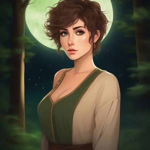 Prompt: highest quality anime art masterpiece, digital drawing, caucasian woman with very short brown thick wavy messy pixie hair:vistani, sad, in a forest on a dark foggy night, big green eyes, tanned skin:2, waxing moon, huge long wide broad hooked greek aquiline algerian oriental arabic nose, flat chest, ethereal, jewelry set, highres, realistic, highly detailed, fantasy, gypsy, roma, D&D, Ravenloft, by Ilya Kuvshinov