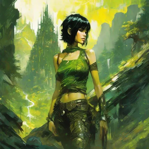 Prompt: fantasy book cover, a black haired tiny, skinny and willowy and pretty, green skinned orc female, green skin, big large yellow eyes, extraterrestrial, intricate black spandex underwear, short bob haircut, iron palace gray metal, landscape beautiful pine forest, Carne Griffiths, Michael Garmash, Frank Frazetta, Castle Background, Victo Ngai, Detailed, Vibrant, Sharp Focus, Character Design, Wlop, Kuvshinov, Character Design, TXAA, 32k, Highly Detailed, Dynamic Pose, Intricate Motifs, Organic Tracery, Perfect Composition, Digital Painting, Artstation, Smooth, Sharp Focus, Illustration, hyperdetailed, greg rutkowski