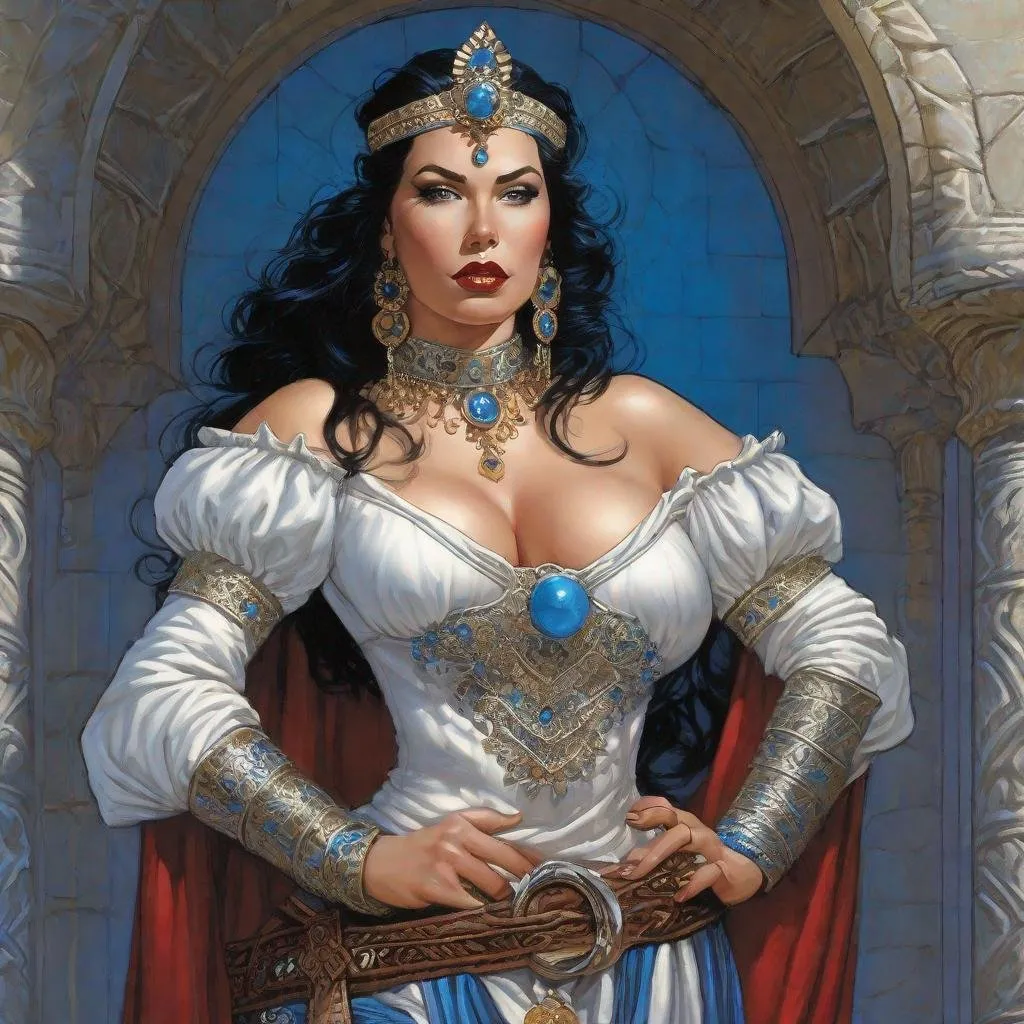 Prompt: A D&D 2e style illustration of a pale mexican female queen, curvy, pale white milky skin,  snow white vibe, blue eyes, fantasy, DnD, D&D, Pathfinder, style of Vampire, by Clyde Caldwell,