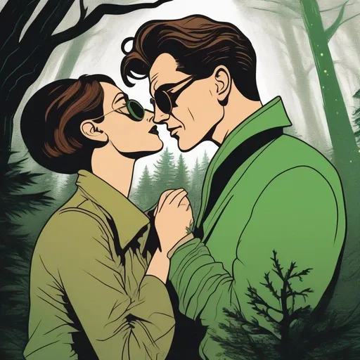 Prompt: A silkscreen comic illustration of a caucasian male sorcerer wearing mantle with freckles, green round sunglasses and very short brown slicked back pompadour undercut hair with shaved sides:vistani, melancholic, in a forest on a dark foggy night, hugging a woman with short brown wavy pixie hair, bid sad slant brown eyes, pale milky skin:2, waxing moon, round shaven face, broad cheeks, 1960s Soviet Retrofuturism,