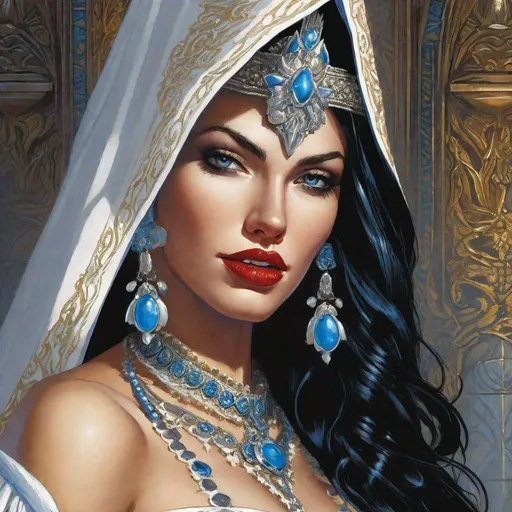 Prompt: A D&D 2e style illustration of a pale mexican female queen, pale white milky skin,  snow white vibe, blue eyes, fantasy, DnD, D&D, Pathfinder, style of Vampire, by Clyde Caldwell,