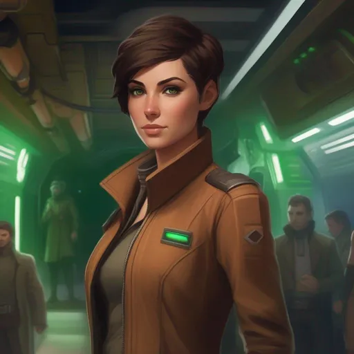 Prompt: From distance. Whole body, full figure. A young female smuggler with deep brown hair, very short pixie undercut. She wears a brown pilot coat and has a holster on her right leg. huge long hoocked aquiline grecian nose, green eyes. In background a noisy scifi cantina. soft feminine body features. Smooth skin, detailed, well drawn face. Rpg art. 2d art. 2d.
