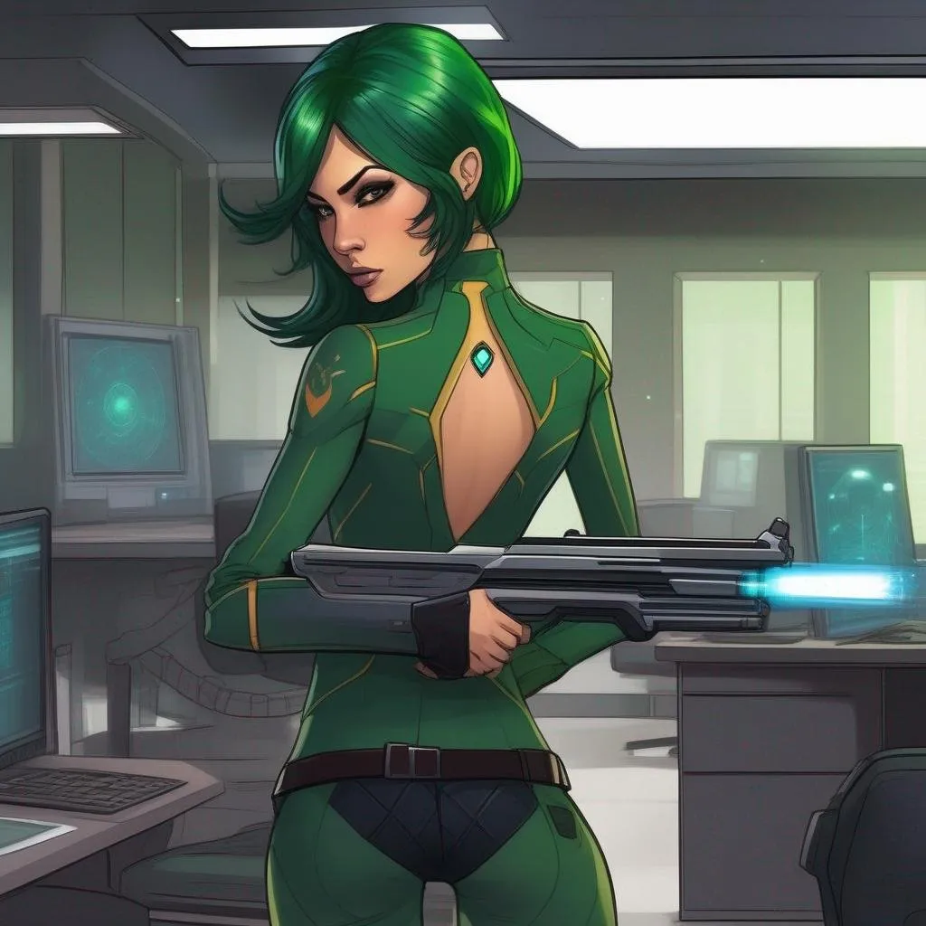 Prompt: a slender woman orion enforcer. green skin. tatoos on shoulders. She aims with a phaser gun. sneaky behavior. In background a scifi office. Star trek art. Rpg art. anime art. 2d. 2d art.