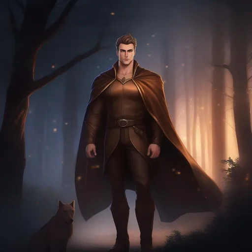 Prompt: full body image, highest quality anime art masterpiece, digital drawing, tall muscular bulky caucasian male sorcerer casting magic, wearing mantle, with suideburns, very short brown slicked back pompadour undercut hair with shaved sides:vistani, melancholic, in a forest on a dark foggy night, big sad slant brown eyes, pale milky skin:2, waxing moon, round shaven face, broad cheeks, ethereal, trimmed face, highres, realistic, highly detailed, fantasy, european, irish, D&D, Ravenloft, by Ilya Kuvshinov