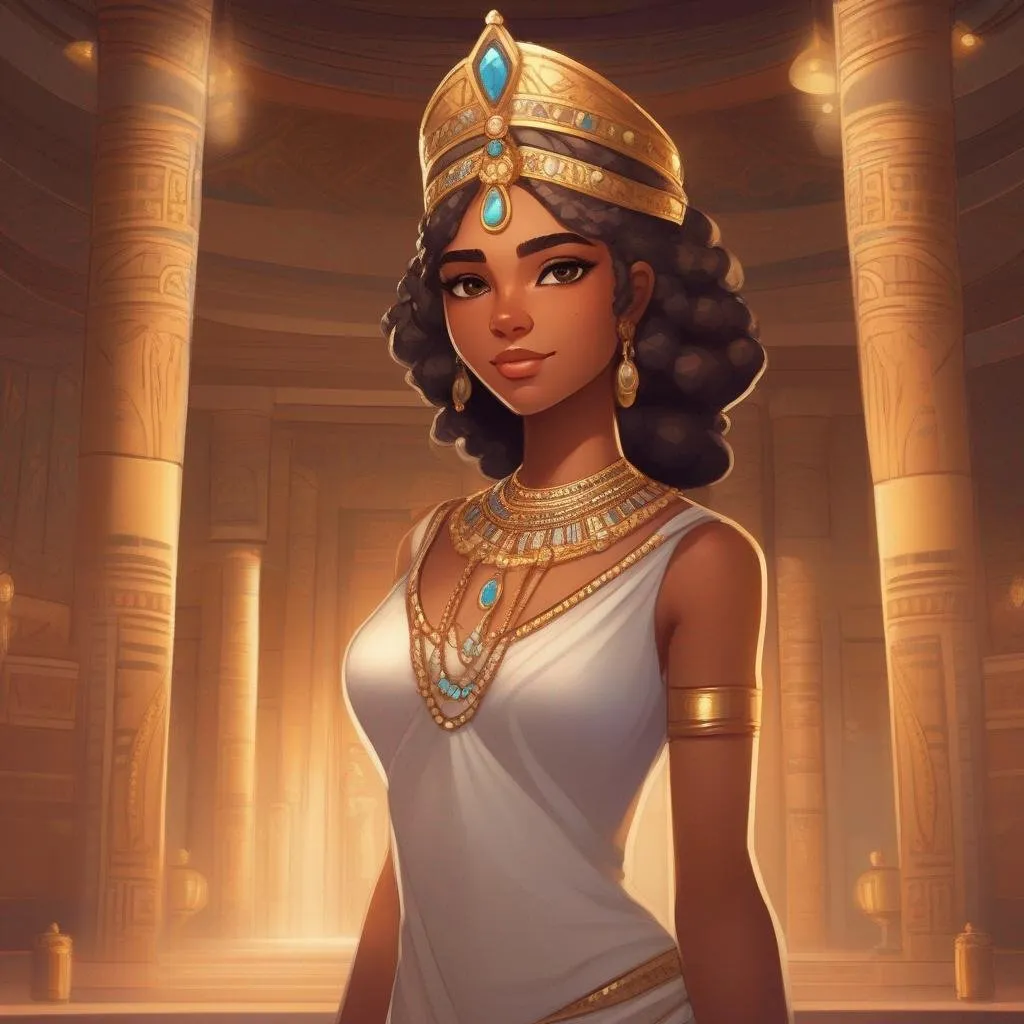 Prompt: Dynamic pose. Whole body. Full figure. A young queen. Cute. Well drawn face. detailed. She wears a double tiara. In background a Lively room in an Ancient egyptian palace. rpg art. rpg illustration. Dynamic pose. 2d art. 2d.