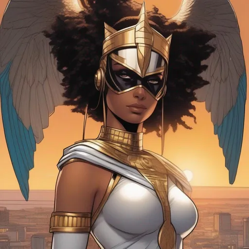 Prompt: Whole body, Full figure. In background a city view from the sky. An Egyptian young semigoddess superhero female wearing an egyptian orichalcum ankh armour. face covering featureless plain mask on the head. demonic Wings on the shoulders. glowing electric eyes, Body covered in bandages. Marvel art. Comics art. DC comics art. 2d art. 2.d