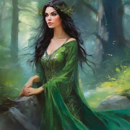 Prompt: fantasy book cover, a black haired elven princess with auburn streaks in her hair, elf fae, tall and willowy and pretty, soft freckles, big large green eyes, pointed ears, intricate blue and green gown, pointy elvish ears, iron palace gray metal, landscape beautiful pine forest, Carne Griffiths, Michael Garmash, Frank Frazetta, Castle Background, Victo Ngai, Detailed, Vibrant, Sharp Focus, Character Design, Wlop, Kuvshinov, Character Design, TXAA, 32k, Highly Detailed, Dynamic Pose, Intricate Motifs, Organic Tracery, Perfect Composition, Digital Painting, Artstation, Smooth, Sharp Focus, Illustration, hyperdetailed, greg rutkowski