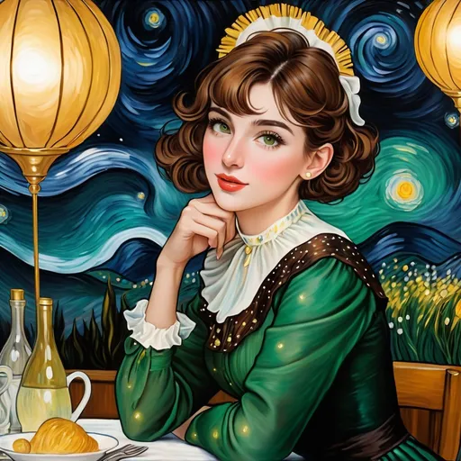 Prompt: renoir luncheon of the vaudeville starry night by van gogh, female with huge big long hooked aquiline arabian nose, round face, broad cheeks, green eyes, very short brown wavy pixie undercut hair, 