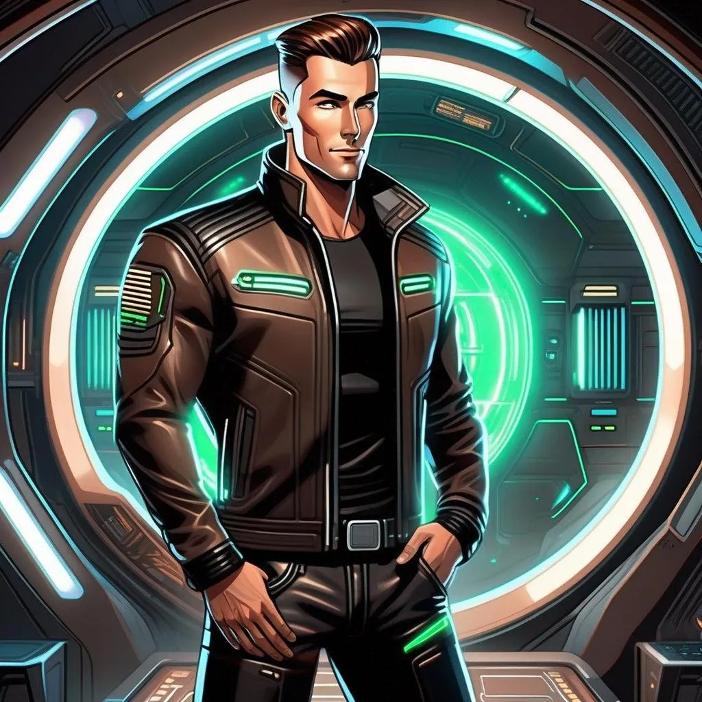 Prompt: detailed character portrait, full body portrait of a muscled male with brown pompadour undercut, retro futuristic starship captain, green glowing eyes, smirking, black futuristic leather jackett, on smoky background, docking station, inside of a spaceship, soft feminine body features. Smooth skin, detailed, well drawn face. Rpg art. 2d art. 2d.