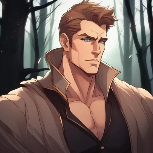 Prompt: waist up immage, highest quality anime art masterpiece, digital drawing, tall muscular bulky caucasian male sorcerer casting magic,  wearing mantle, with freckles very short brown slicked back pompadour undercut hair with shaved sides:vistani, melancholic, in a forest on a dark foggy night, big sad slant brown eyes, pale milky skin:2, waxing moon, round shaven face, broad cheeks, ethereal, trimmed face, highres, realistic, highly detailed, fantasy, european, irish, D&D, Ravenloft, by Ilya Kuvshinov