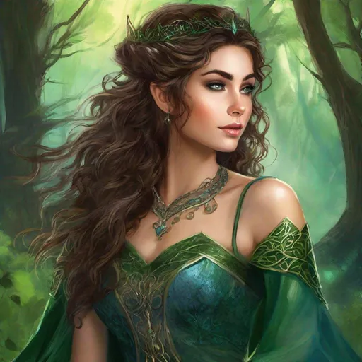 Prompt: fantasy book cover, a dark chesnut haired elven princess with brown highlights in her very extremely er long short messy curly pixie hair, elf fae, tall and willowy and pretty, soft freckles, big large green eyes, pointed ears, intricate blue and green gown, pointy elvish ears, iron palace gray metal, landscape beautiful pine forest, Art by Gil Elvgren, Castle Background, Detailed, Vibrant, Sharp Focus, Character Design, 32k, Highly Detailed, Dynamic Pose, Intricate Motifs, Organic Tracery, Perfect Composition, Digital Painting, Smooth, Sharp Focus, Illustration, hyperdetailed,