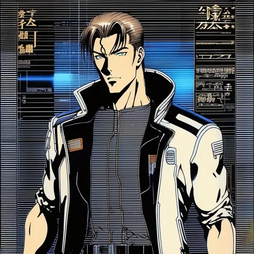 Prompt: detailed character portrait, full body portrait of a muscled male with brown pompadour undercut, retro futuristic starship captain, green glowing eyes, smirking, black futuristic leather jackett, on smoky background, transporter, teleporter, inside of a spaceship,  Ghost in the shell art. Masamune Shirow art. anime art. Leiji Matsumoto art. Akira art. Otomo art. 2d. 2d art.