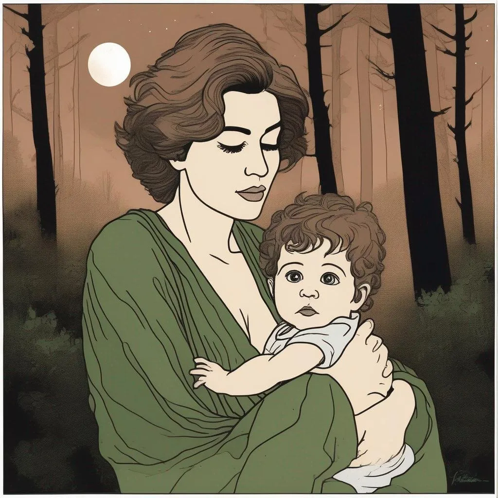 Prompt: A silkscreen comic illustration of a caucasian woman with very short brown thick wavy messy pixie hair:vistani, carrying a child in her arms, sad, in a forest on a dark foggy night, big green eyes, tanned skin:2, waxing moon, huge long wide broad hooked greek aquiline algerian oriental arabic nose, flat chest, ethereal, jewelry set, highres, realistic, highly detailed, fantasy, gypsy, roma, 1960s Soviet Retrofuturism,