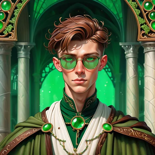 Prompt: portrait of an irish freckled beautiful handsome brown haired man, very short slicked back pompadour undercut with shaved sides and chestnut wisps, wearing a sorcerer mantle and round glasses, green mirror shades with emerald lenses, intricate, moles, birth marks,  sharp focus, in the style of Ivan Bilibin, Ernst Haeckel, Daniel Merriam, watercolor and ink
