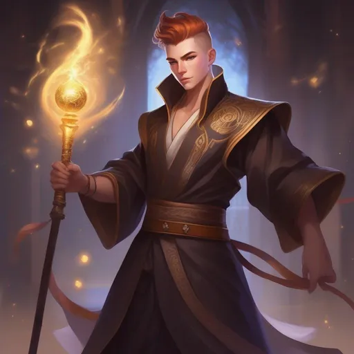 Prompt: A young male mage in robes, with very short extremely deep dark brown slicked back pompadour undercut with ginger highlights and shaved sides, very pale milky skin. He fights with a magic staff, potions on his belt, soft feminine body features. Smooth skin, detailed, well drawn face. Rpg art. 2d art. 2d.