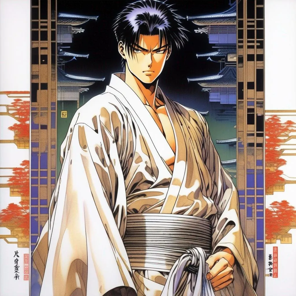 Prompt: detailed character, full body portrait of a young adult male sorcerer, round face, broad cheeks, extremely short brown slicked back pompadour undercut, green glowing eyes smirking, wearing robes with a scarf,  Ghost in the shell art. Masamune Shirow art. anime art. Leiji Matsumoto art. Akira art. Otomo art. 2d. 2d art.