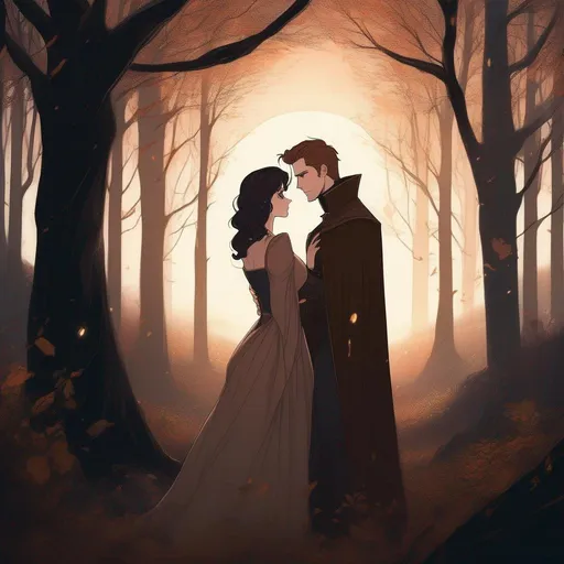 Prompt: highest quality anime art masterpiece, digital drawing, caucasian male sorcerer wearing mantle with freckles and very short brown slicked back pompadour undercut hair with shaved sides:vistani, melancholic, in a forest on a dark foggy night, hugging a buxom black haired woman, bid sad slant brown eyes, pale milky skin:2, waxing moon, round shaven face, broad cheeks, ethereal, trimmed face, highres, realistic, highly detailed, fantasy, european, irish, D&D, Ravenloft, by Ilya Kuvshinov