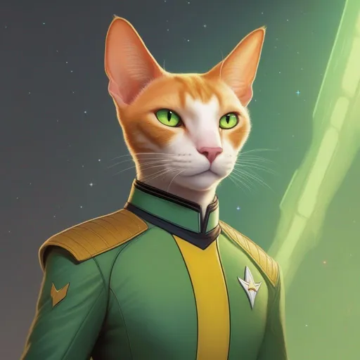 Prompt: An adult tall muscular male alien starship officer of a star trek feline caitian species, anthropomorphic cat, slightly human interspecies halfbreed. He has shot ginger fur and a pale skin. extremely deep dark brown very short slicked back mohawk undercut with shaved sides andchstnut highlights, He wears a united federation uniform and has green glowing lizard eyes. freckles, moles, beauty marks, Detailed, well drawn face, Smooth skin, caucasian. rpg art. Star trek art. 2d art. 2d