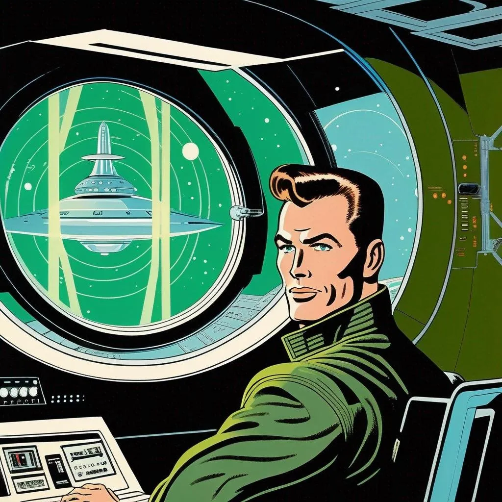 Prompt: Silk screen comic book illustration, of a muscled male with brown pompadour undercut, retro futuristic starship captain, green glowing eyes, smirking, black futuristic leather jackett, on smoky background, docking station, inside of a spaceship,  Well drawn face, detailed face,  1960s Soviet retrofuturism, 