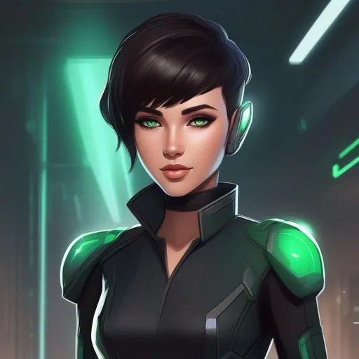 Prompt: Whole body. Full Figure, from distance. a Young noble woman from the future in the 22nd century, black futuristic scifi uniform. Cute. very short dark brown pixie haircut. emerald eyes. soft feminine body features. Smooth skin, detailed, well drawn face. Rpg art. 2d art. 2d.