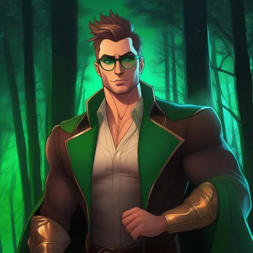 Prompt: highest quality anime art masterpiece, digital drawing, tall muscular bulky caucasian male sorcerer, wearing mage mantle, suideburns, very short brown slicked back pompadour undercut hair with shaved sides:vistani, wearing round glasses, green shades with emerald lenses, dark female makeup, melancholic, in a forest on a dark foggy night, big sad slant brown eyes, pale milky skin:2, waxing moon, round shaven face, broad cheeks, ethereal, trimmed face, glowing eyes, highres, realistic, highly detailed, fantasy, european, irish, D&D, Ravenloft, by Ilya Kuvshinov