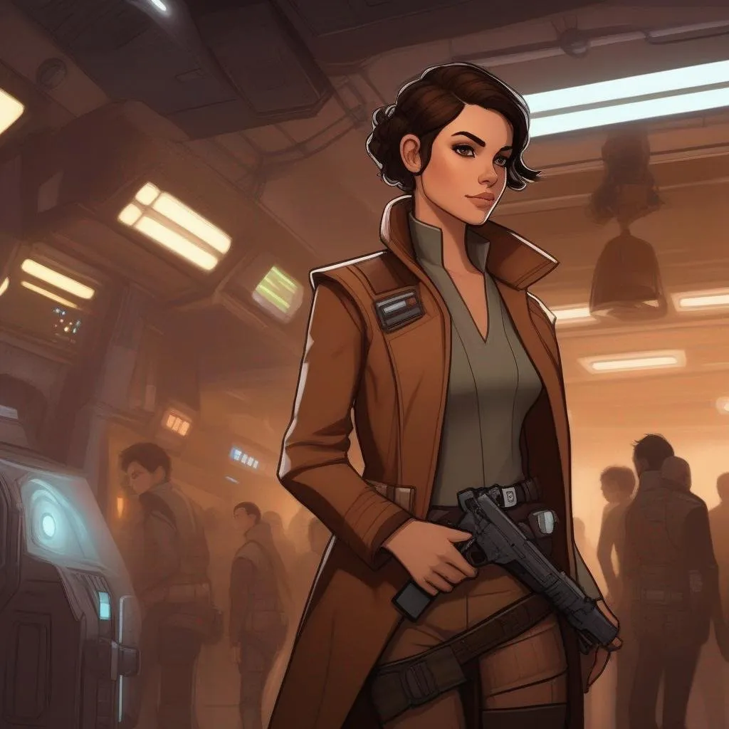 Prompt: From distance. Whole body, full figure. A young female smuggler with deep brown hair, very short pixie undercut. She wears a brown pilot coat and has a holster on her right leg. In background a noisy scifi cantina. Star wars art. 2d art. 2d. well draw face. detailed.