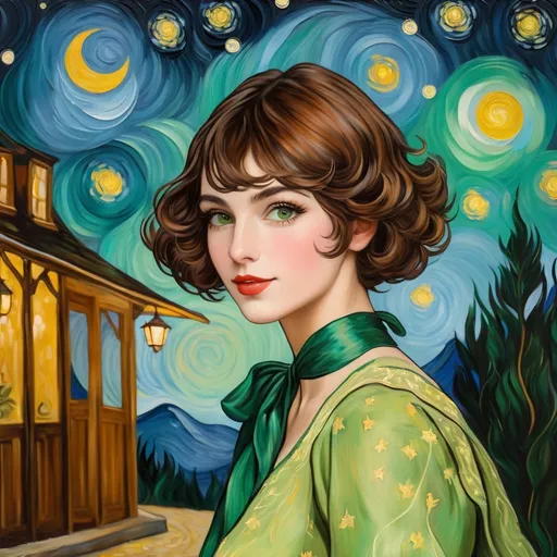 Prompt: renoir luncheon of the vaudeville starry night by van gogh, female with huge big long hooked aquiline arabian nose, round face, broad cheeks, green eyes, very short brown wavy pixie undercut hair, 