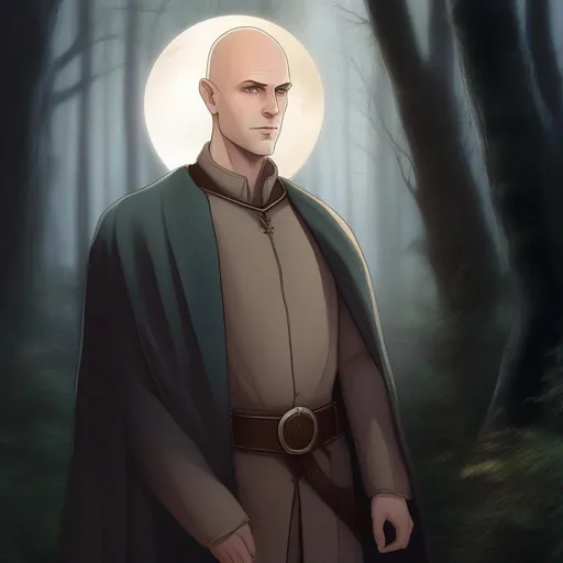 Prompt: highest quality anime art masterpiece, digital drawing, caucasian bald male sorcerer wearing mantle, with freckles and balding hairless scalp:vistani, melancholic, in a forest on a dark foggy night, big sad slant brown eyes, pale milky skin:2, waxing moon, round shaven face, broad cheeks, ethereal, trimmed face, highres, realistic, highly detailed, fantasy, european, irish, D&D, Ravenloft, by Ilya Kuvshinov