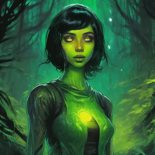 Prompt: a beautiful green skinned extraterrestrial girl, black short hair, big yellow glowing eyes, huge long big hooked aquiline arabian nose, green skin, with entirely emerald skin colour, black T-shirt , standing in a forest at night, fear, biomorphic, muted pastel colors palette, by Callie Fink, SIYA OUM, GIGER, Datamoshing, Vaporware, ink wash painting, aesthetic, centered, 16k, HQ, perspective, insanely detailed and intricate, hyper realistic, cgsociet, dynamic pose