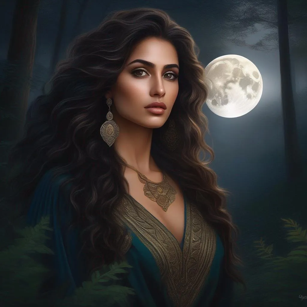 Prompt: highest quality anime art masterpiece, digital drawing, Azerbaijani woman with long black thick wavy messy hair:vistani, sad in a forest on a dark foggy night, big brown eyes, tanned skin:2, waxing moon, huge long wide broad hooked greek aquiline algerian oriental arabic nose, ethereal, jewelry set, highres, realistic, highly detailed, fantasy, gypsy, roma, D&D, Ravenloft, by Ilya Kuvshinov