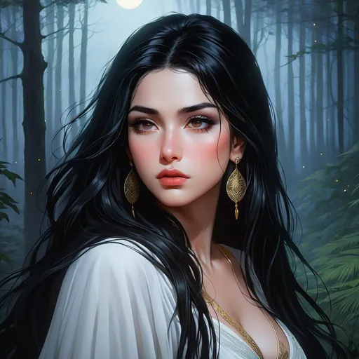 Prompt: highest quality anime art masterpiece, digital drawing, armenian woman with long black hair:vistani, sad in a forest on a dark foggy night, mocha skin:2, waxing moon, ethereal, jewelry set, highres, realistic, highly detailed, fantasy, gypsy, roma, D&D, Ravenloft, by Ilya Kuvshinov