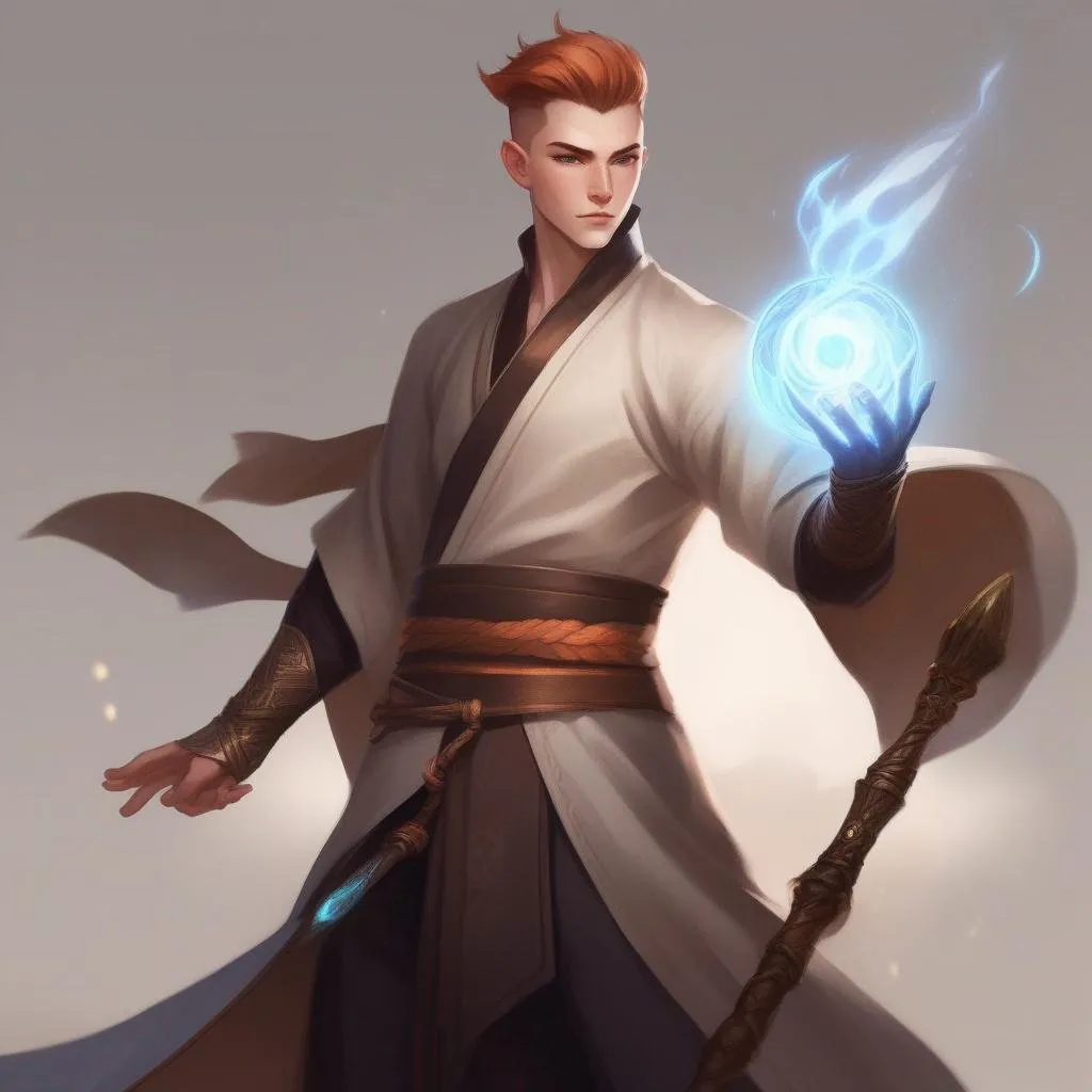 Prompt: A young male mage in robes, with very short extremely deep dark brown slicked back pompadour undercut with ginger highlights and shaved sides, very pale milky skin. He fights with a magic staff, potions on his belt, soft feminine body features. Smooth skin, detailed, well drawn face. Rpg art. 2d art. 2d.