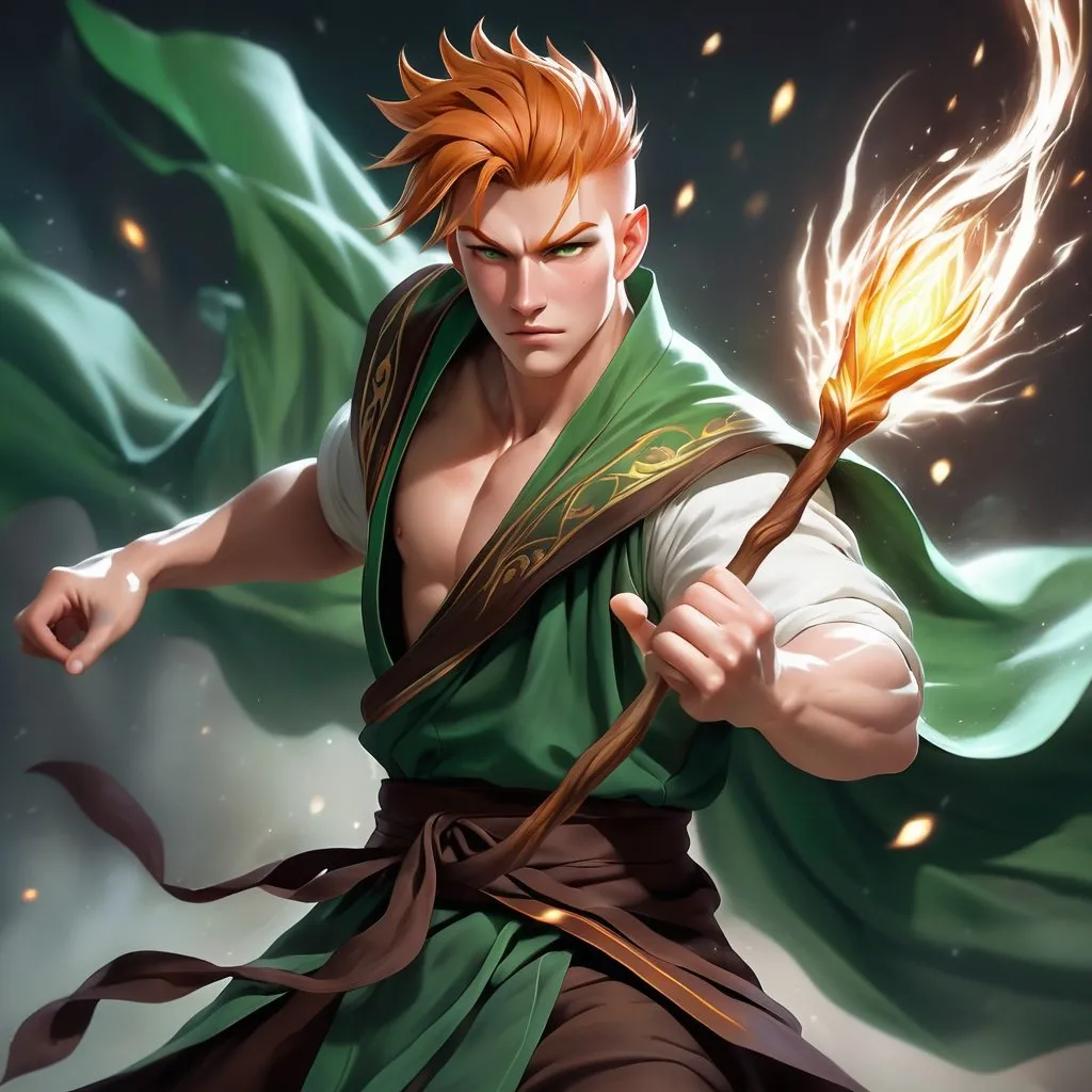 Prompt: a dynamic waist up drawing of an athletic, adult slender muscular male mage in movement, wearing a dark green wizars robe with a cape, loincloth, white shirt underneath, very short extremely deep dark brown slicked back pompadour undercut with dark ginger highlights and shaved sides, very bright and pale milky skin. He fights with a wooden magic staff with a crystal and shoots magical pulses in motion, in rage, soft feminine body features, rising, athlete, scarred face, Smooth skin, detailed face, well drawn face. Rpg art. 2d art. 2d.