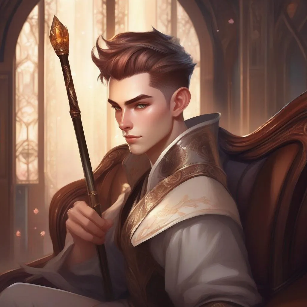 Prompt: A young elf mage with very short 
 extremely deep dark brown slicked back pompadour undercut with ginger highlights and shaved sides, very pale milky skin. He swings a magic staff, has a sword on the left side and sits on a couch. soft feminine body features. Smooth skin, detailed, well drawn face. Rpg art. 2d art. 2d.