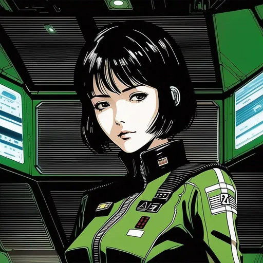 Prompt: detailed green skinned character portrait, full body portrait of a green skin petite slim female with short black messy wavy bob cut and green skin, green woman retro futuristic starship officer, black futuristic leather jackett, girlwith green skin color, on smoky background, docking station, inside of a spaceship, Akira art. Anime art. Captain Harlock art. Leiji Matsumoto art. 2d art. 2d. well drawn face. detailed.